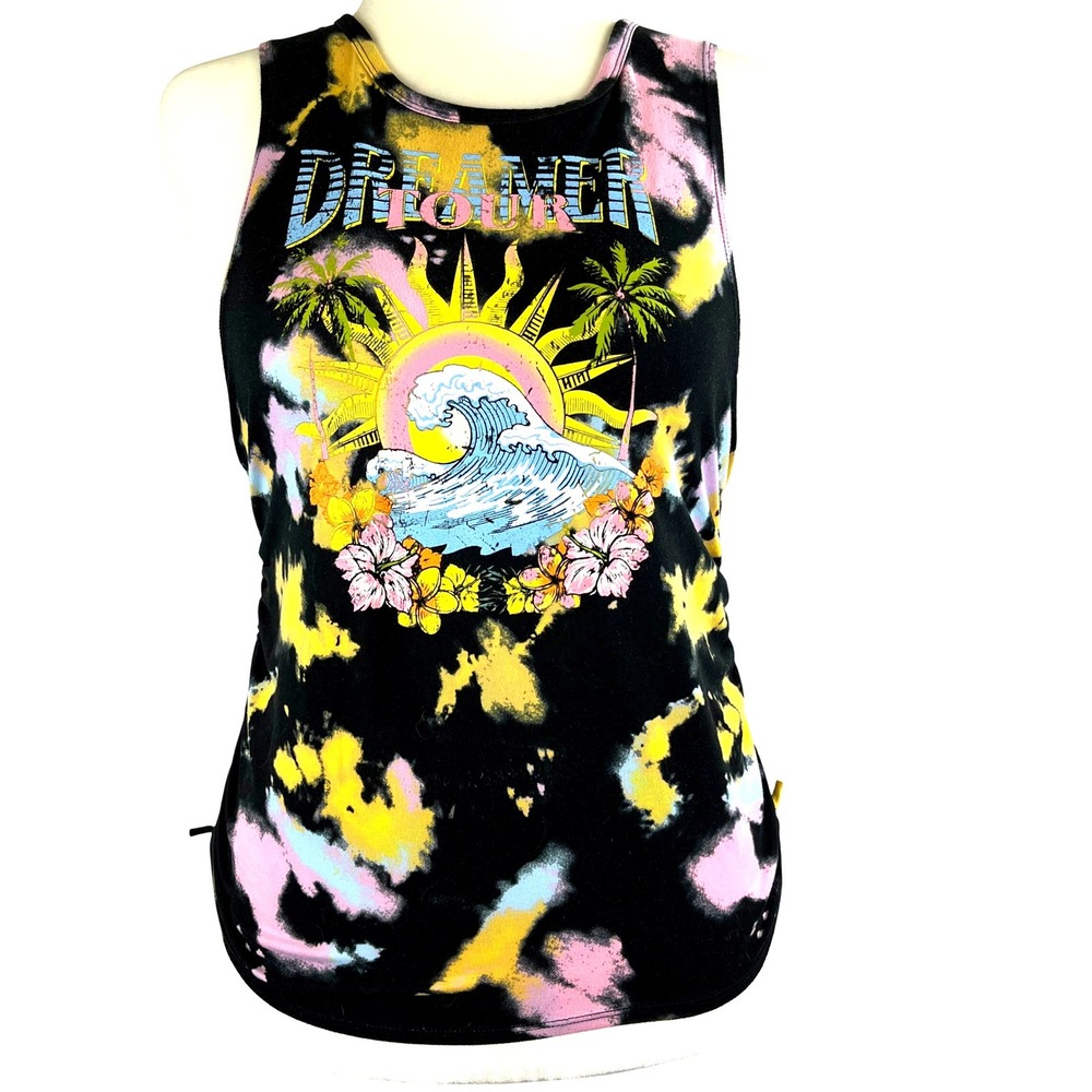 NOBO Womens Tie Dye Tank Top Ruched Sides Keyhole Back Black Pink L Beach Retro